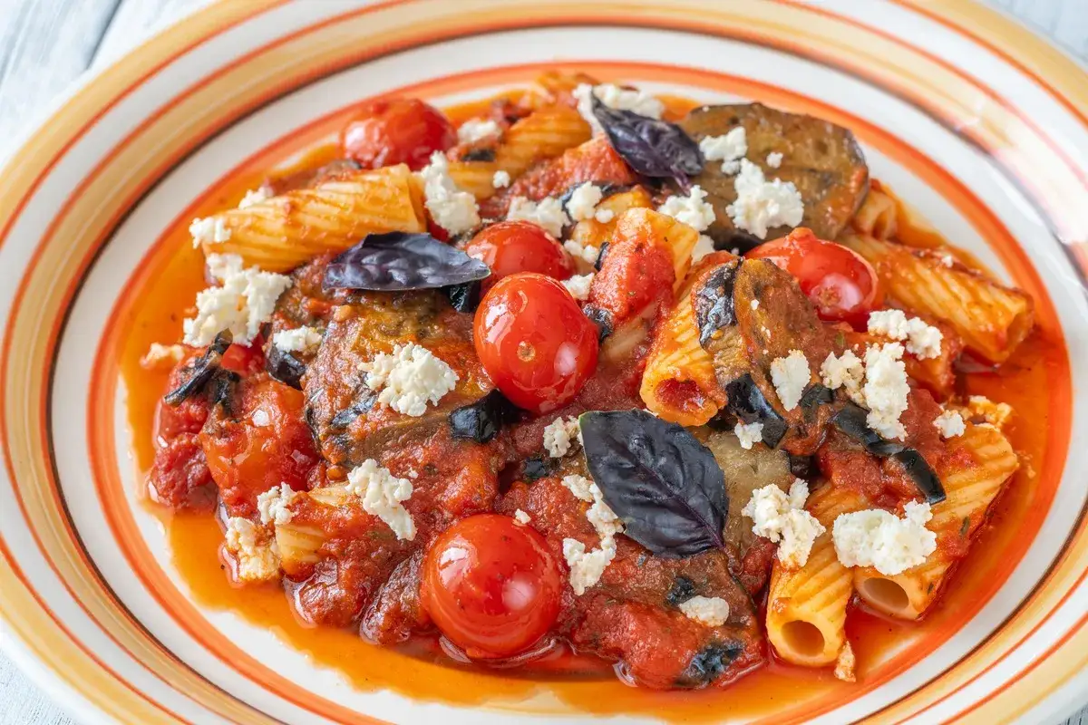 Pasta alla norma con berenjenas, tomates cherry, albahaca y queso ricotta salada.