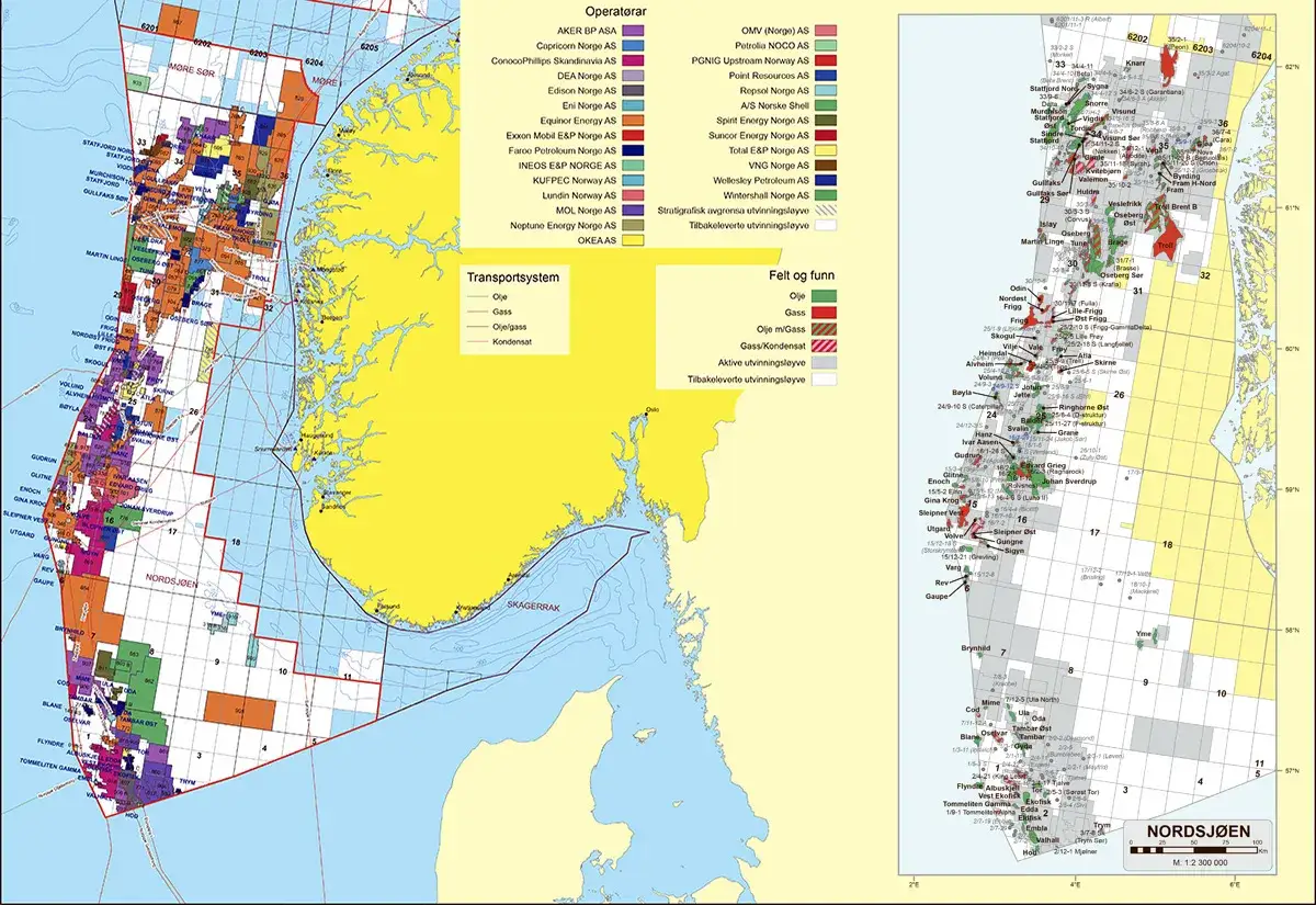 Mapa pokazuje gdzie jest morze norweskie, z zaznaczonymi polami naftowymi i gazowymi oraz systemami transportu.