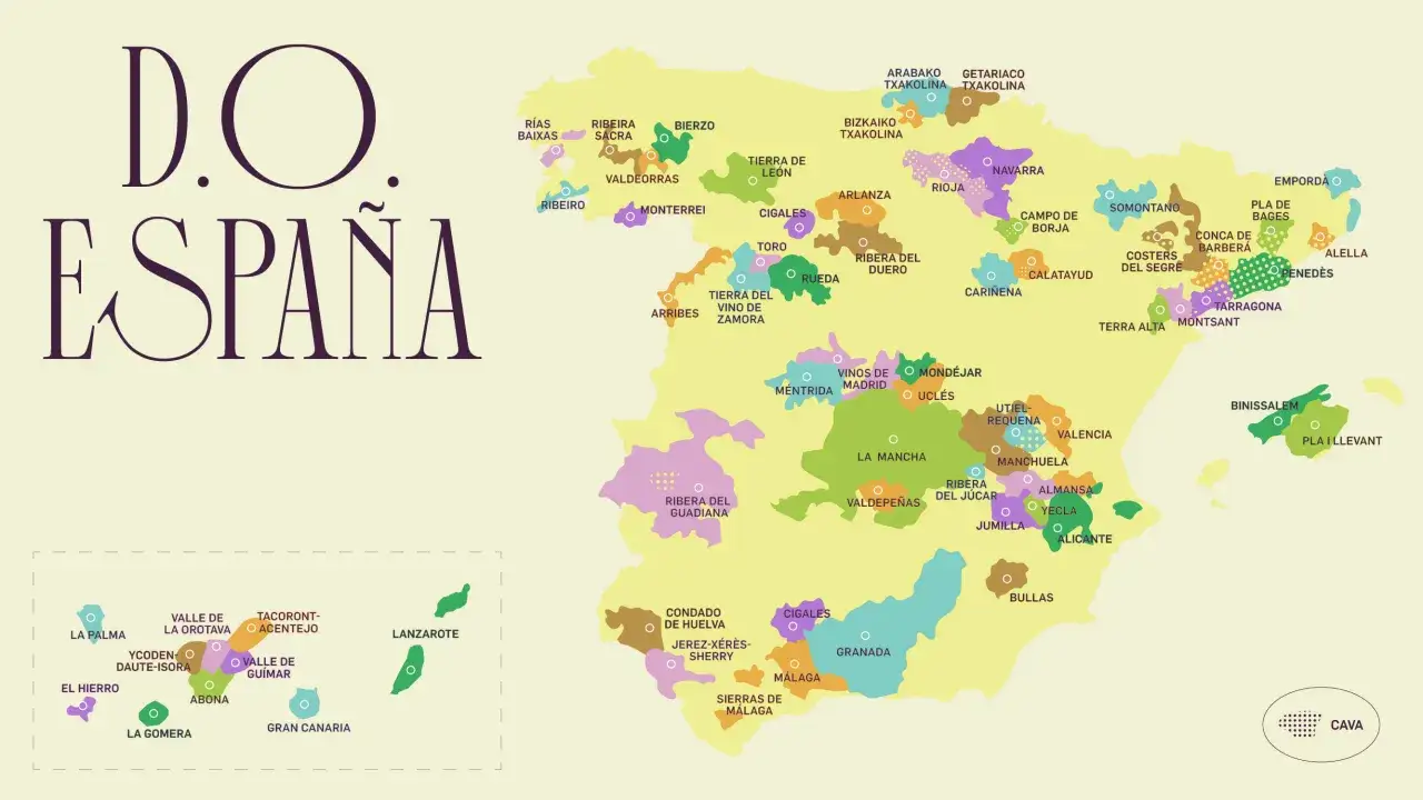 Mapa de Espa&ntilde;a con las denominaciones de origen vino Espa&ntilde;a, mostrando regiones vin&iacute;colas y sus nombres.