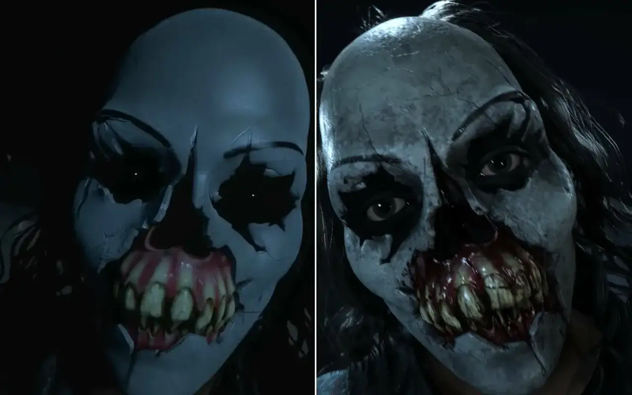 Dwie przerażające maski z Until Dawn remake. Jedna z pustymi oczodołami, druga z widocznym okiem i krwawiącymi zębami.