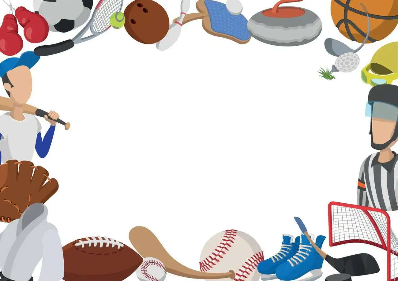 Cornice di oggetti sportivi: guantoni da boxe, pallone da calcio, racchetta da tennis, palla da bowling, pattini da curling, pallone da basket, mazza da baseball, guanto, kimono, pallone da football, mazza da hockey, pattini da ghiaccio, porta da hocke...