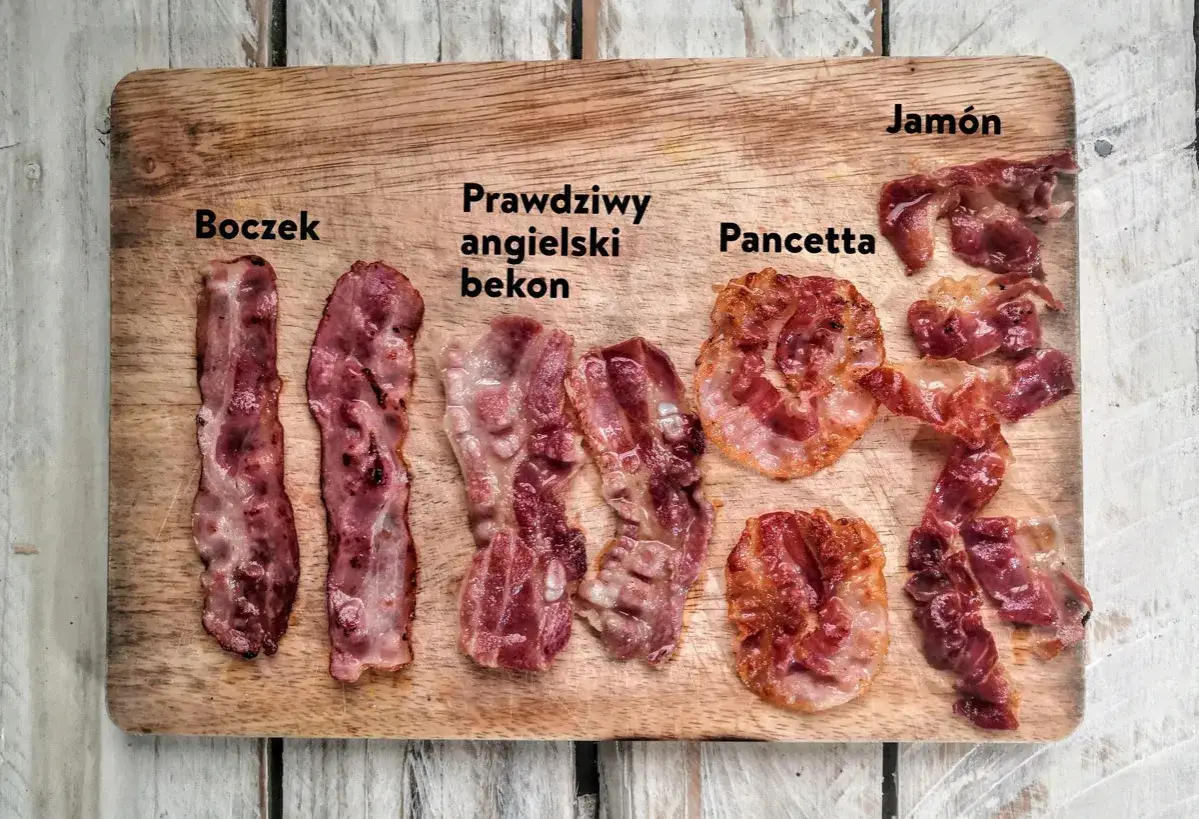 Na desce drewnianej ułożone są różne rodzaje wędlin: boczek, prawdziwy angielski bekon, pancetta i jamón.