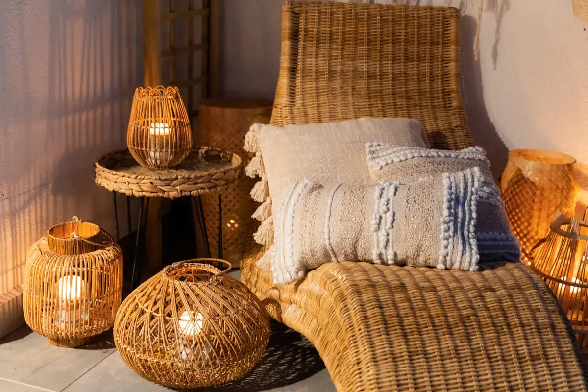 Przytulny balkon w stylu boho z wiklinowymi latarenkami, poduszkami i leżakiem. Ciepłe światło świec tworzy magiczną atmosferę.