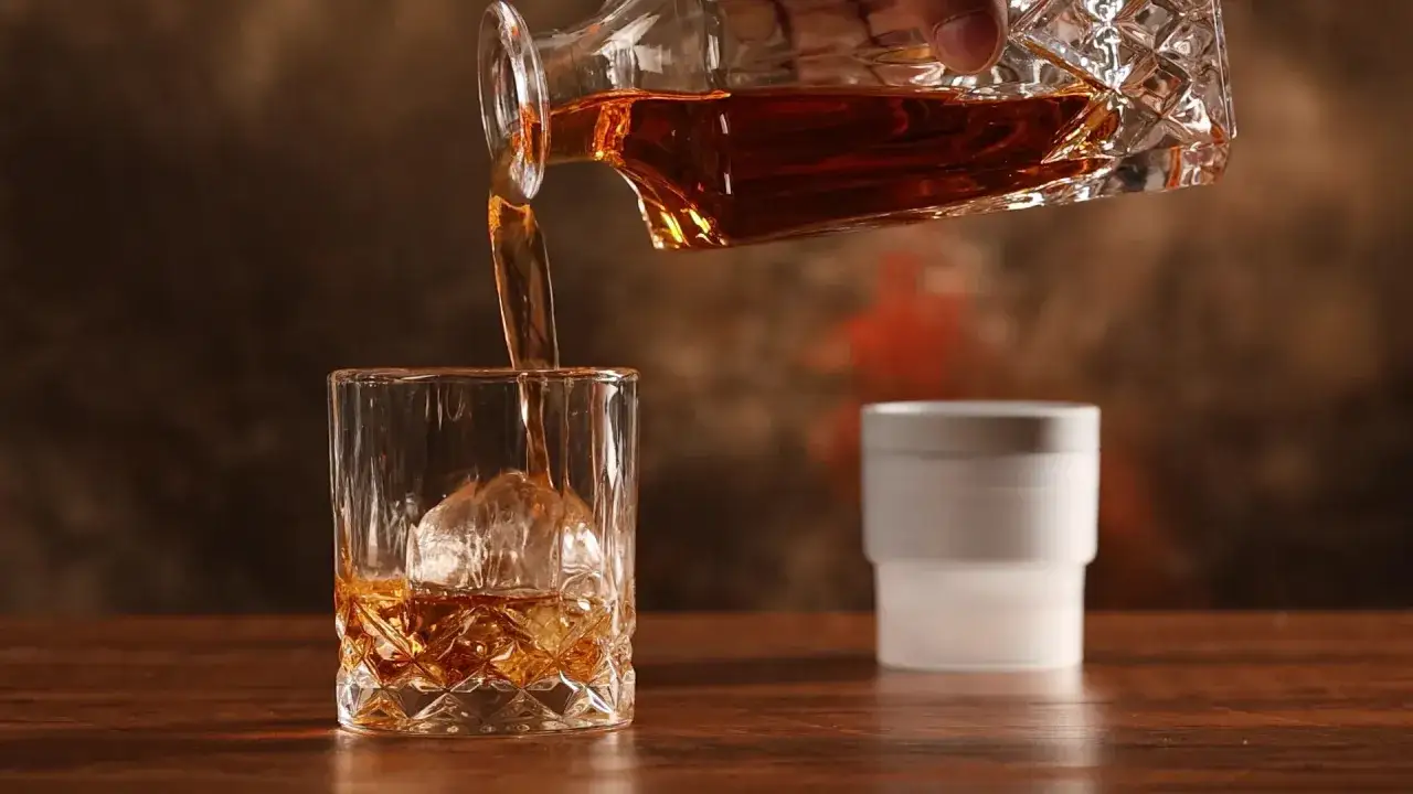 Bernsteinfarbener Whiskey fließt aus einer Karaffe in ein Glas mit Eis. Ein perfekter Drink on the rocks.