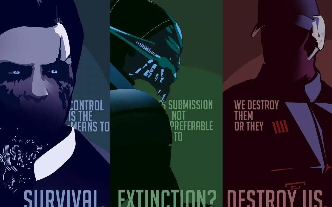 Trzy panele z motywami z Mass Effect 3: Control, Submission, Destroy. Wybory wpływają na zakończenia gry.
