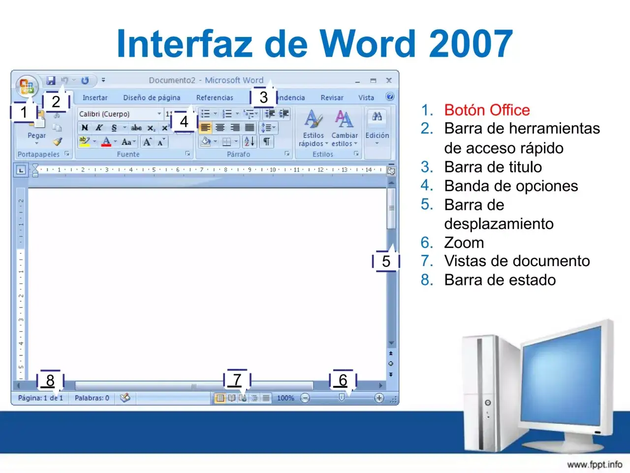Interfaz de Word 2007: aprende como hacer un documento en Word explorando sus barras y botones.