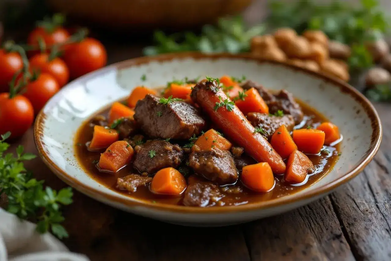 Un plat réconfortant de boeuf carottes mijoté, garni de persil frais. Des tomates et des herbes sont visibles en arrière-plan.