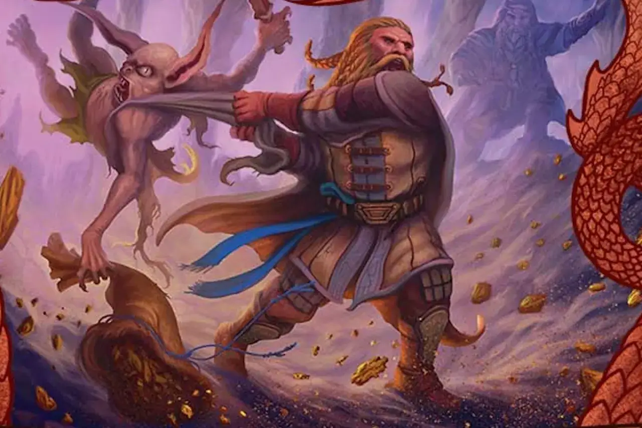Hobbit streszczenie szczegółowe: Thorin walczy z goblinami, a w tle widać smoka.