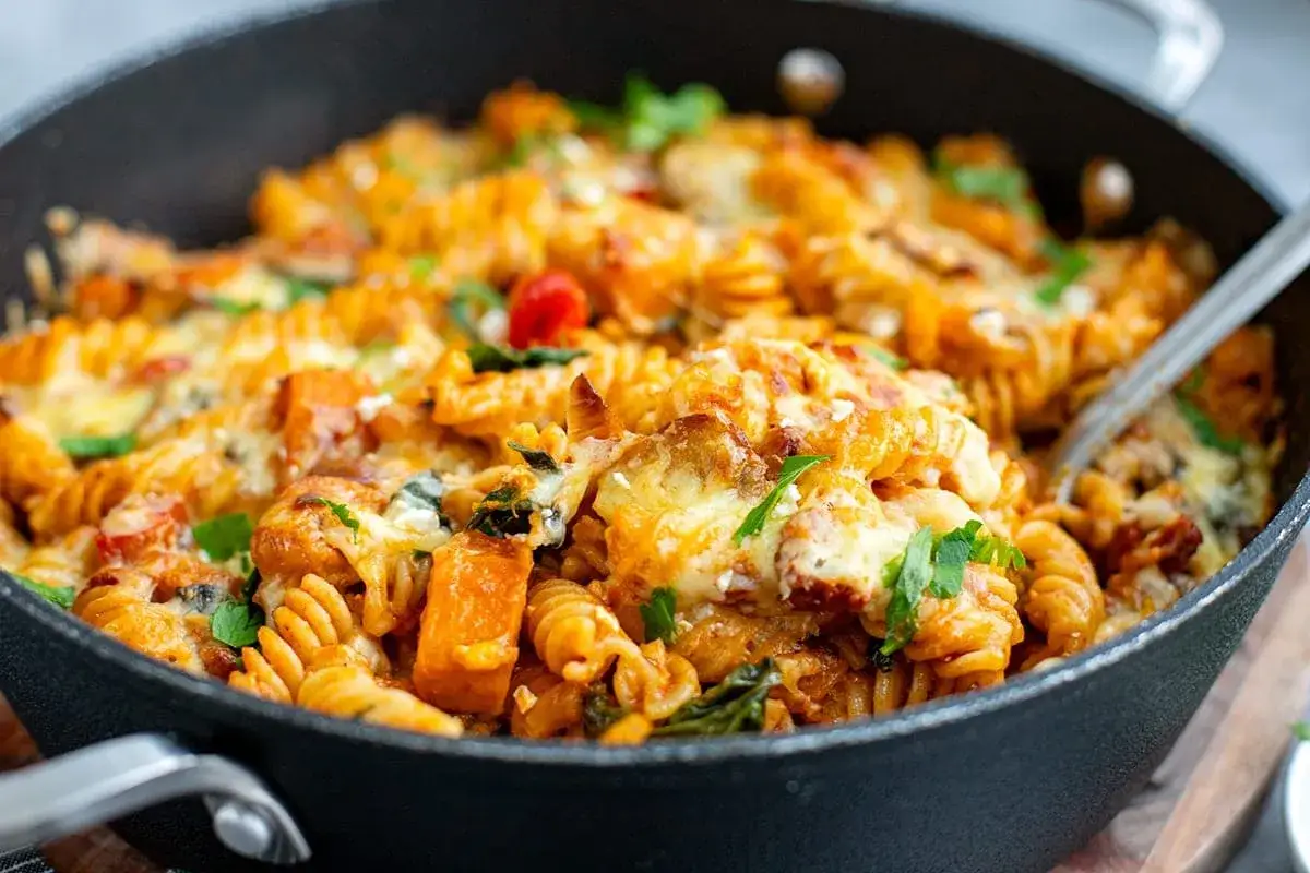 Ein k&ouml;stlicher nudelauflauf vegetarisch mit Fusilli, S&uuml;&szlig;kartoffeln und geschmolzenem K&auml;se in einer Pfanne, garniert mit frischer Petersilie.