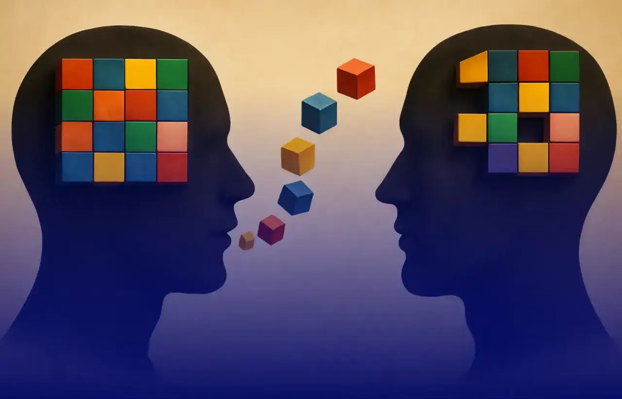 Dos siluetas de cabeza intercambian cubos de colores. Es como si cada uno estuviera compartiendo ideas, creando un copy visual de comunicaci&oacute;n.