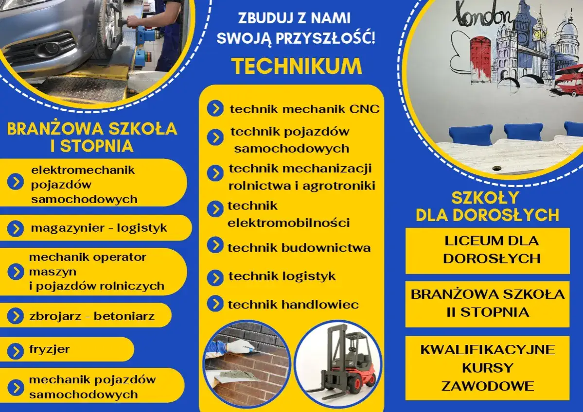 Technikum trwa 5 lat, a po zawodówce można kontynuować naukę w technikum. Oferta edukacyjna obejmuje m.in. technika pojazdów samochodowych.
