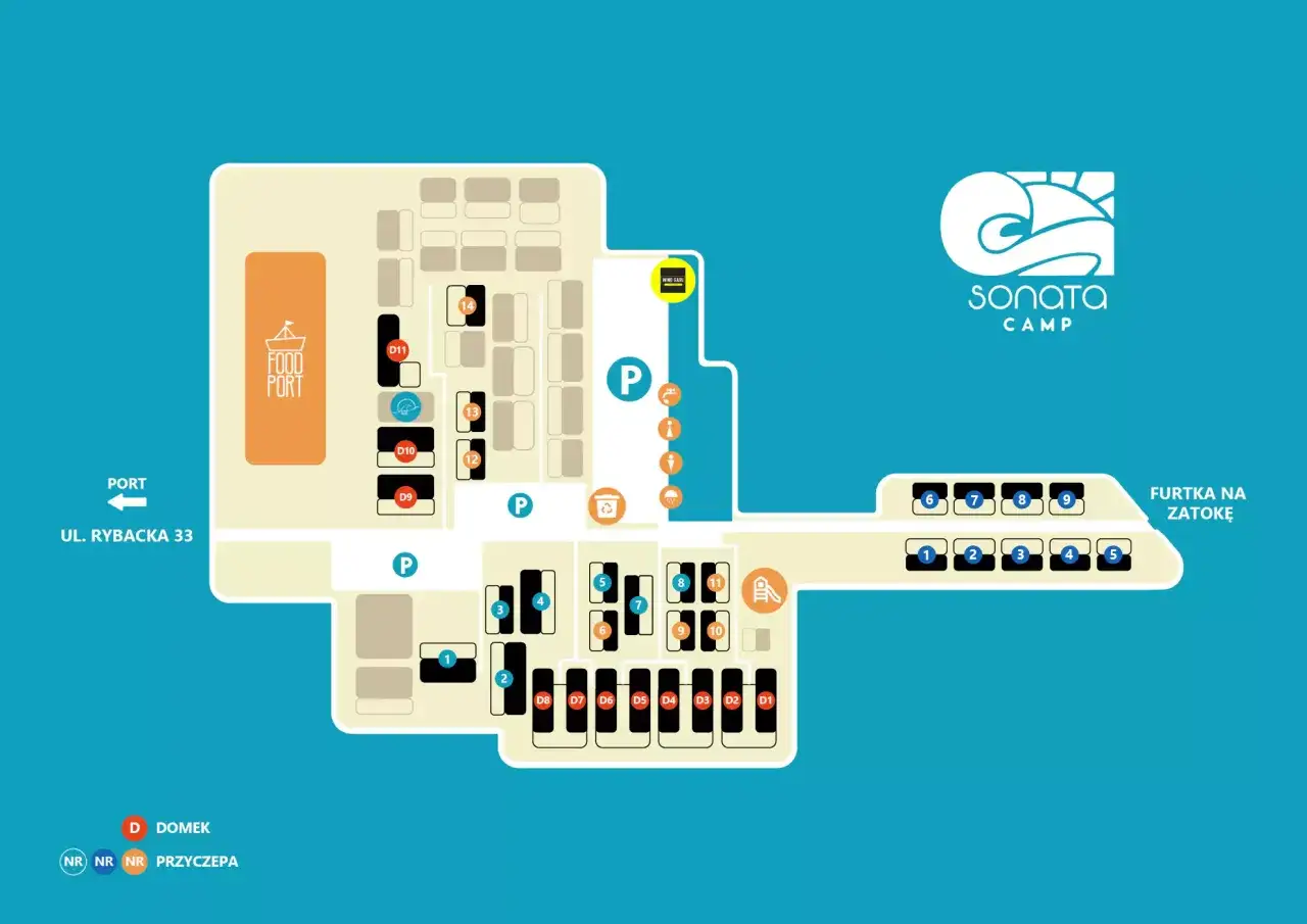 Mapa terenu Sonata Camp z zaznaczonymi domkami, przyczepami, portem i punktami gastronomicznymi.