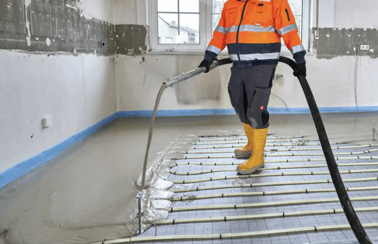 Robot w pomarańczowej kamizelce wylewa gotowy beton na posadzkę z ogrzewaniem podłogowym.