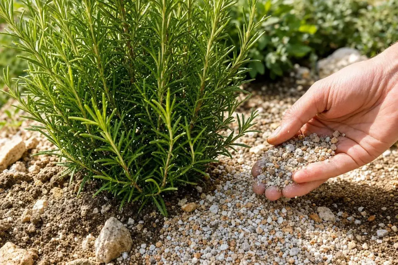 Main d'une personne ajoutant des granul&eacute;s d'engrais au pied d'un plant de romarin verdoyant.