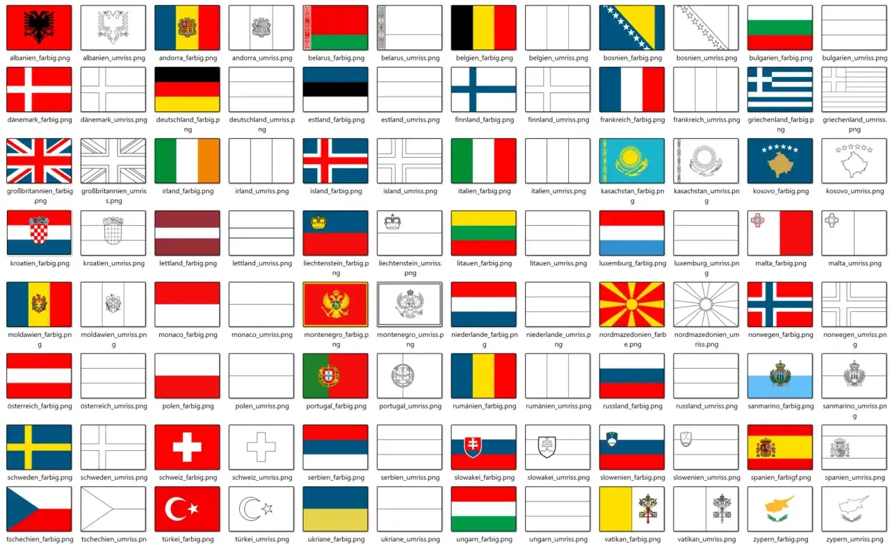 Europa Grundschule: Sammlung von Flaggen verschiedener europäischer Länder, farbig und als Umriss.