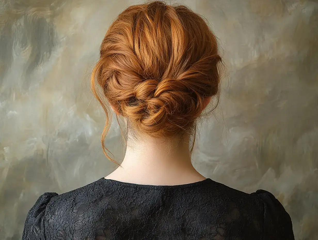 Vue arri&egrave;re d'une femme aux cheveux roux, coiff&eacute;e d'un chignon tress&eacute; complexe. Ce style de coiffure met en valeur diff&eacute;rents chignon, &eacute;l&eacute;gant et sophistiqu&eacute;.