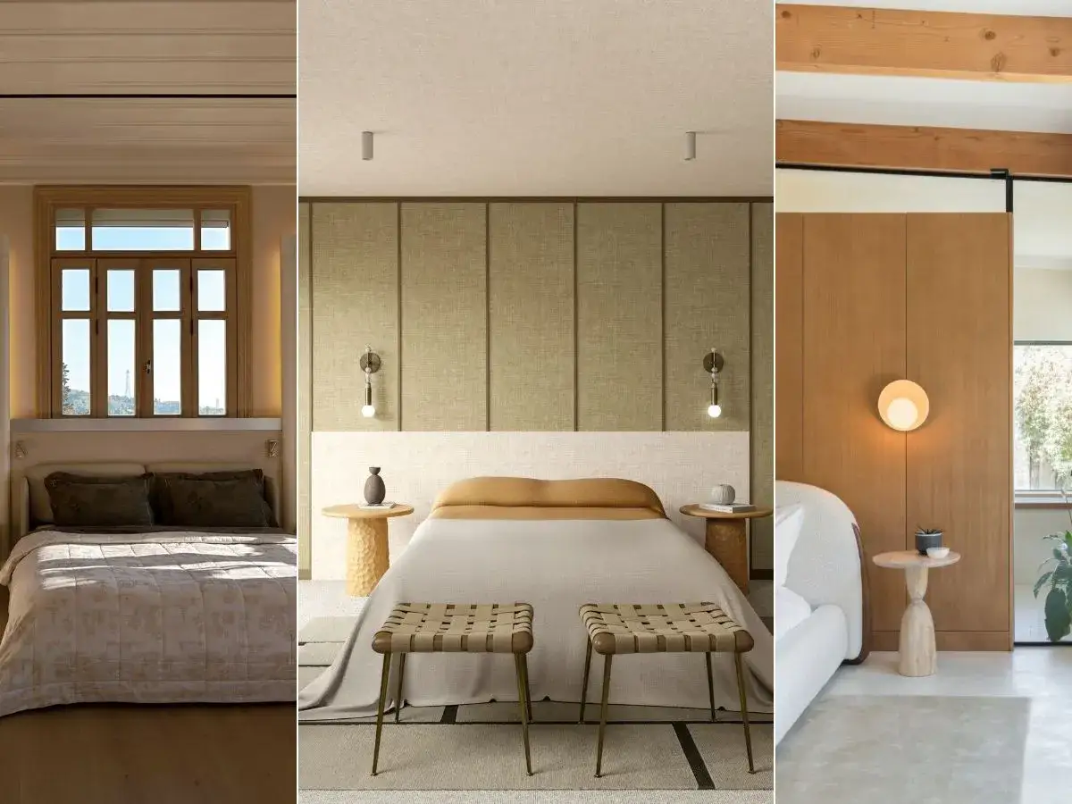 Trzy inspiracje na sypialnię japandi: minimalistyczne łóżka, naturalne materiały i spokojne kolory tworzą oazę spokoju.