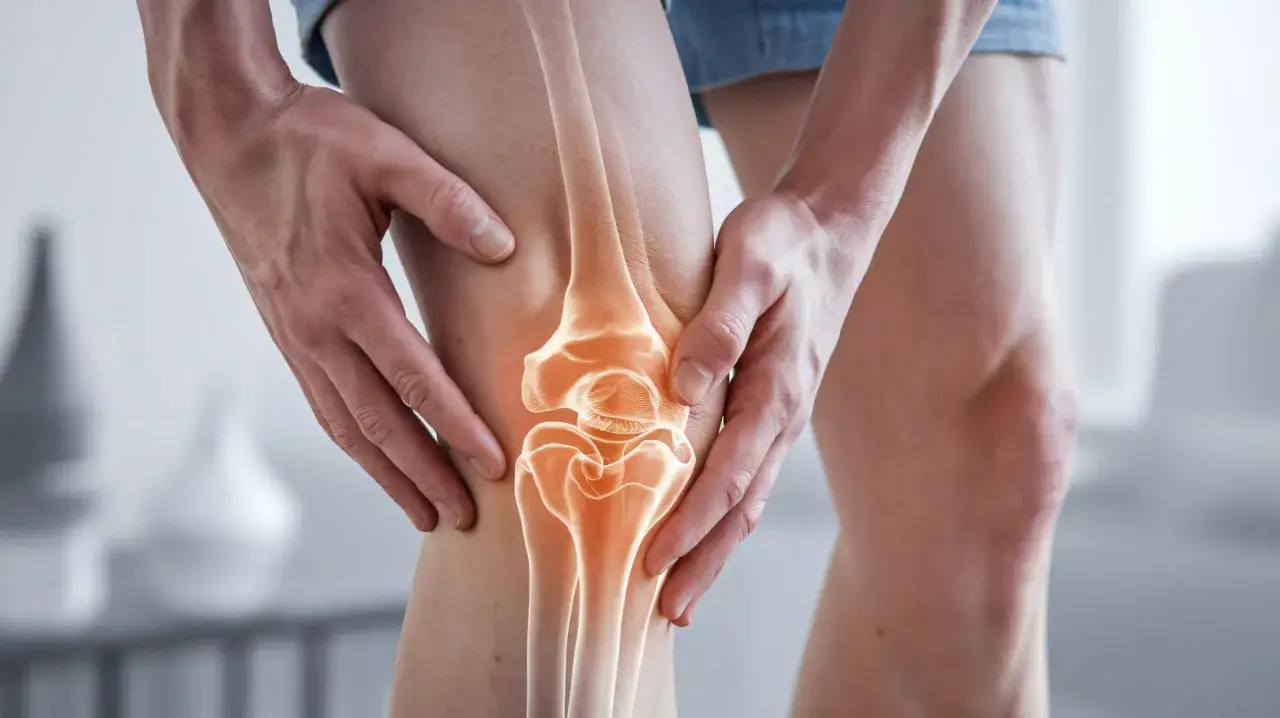 Hände umfassen ein Knie, das mit leuchtend orangefarbenen Knochen und Knorpel dargestellt wird. Ein Symbol für die Regeneration und den Aufbau von Knorpel.