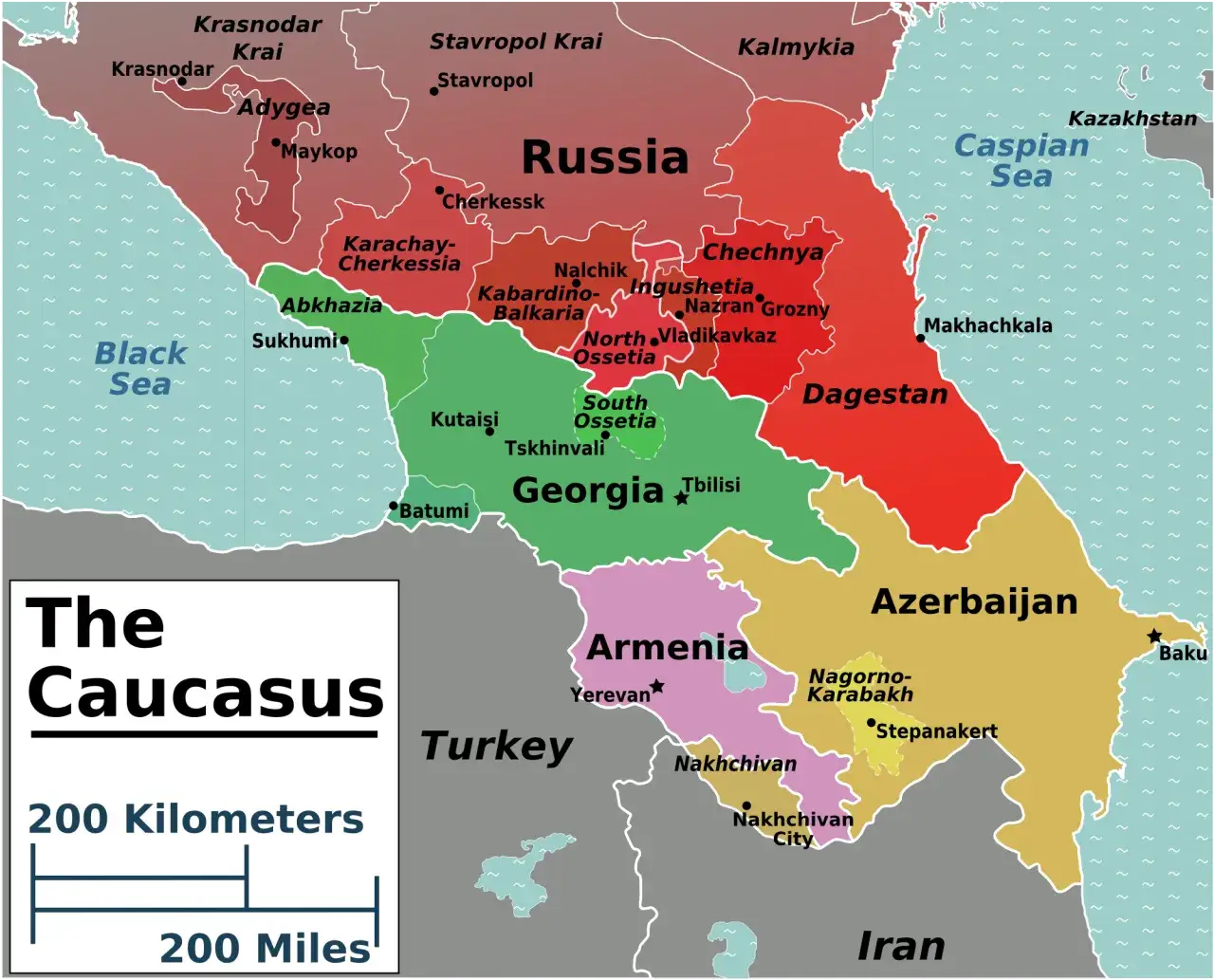 Mapa G&oacute;r Kaukazu z zaznaczonymi krajami i morzami
