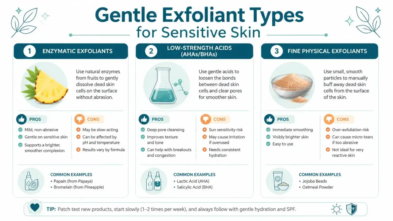 Infografía sobre cómo exfoliar la piel sensible: exfoliantes enzimáticos, ácidos suaves y físicos finos.