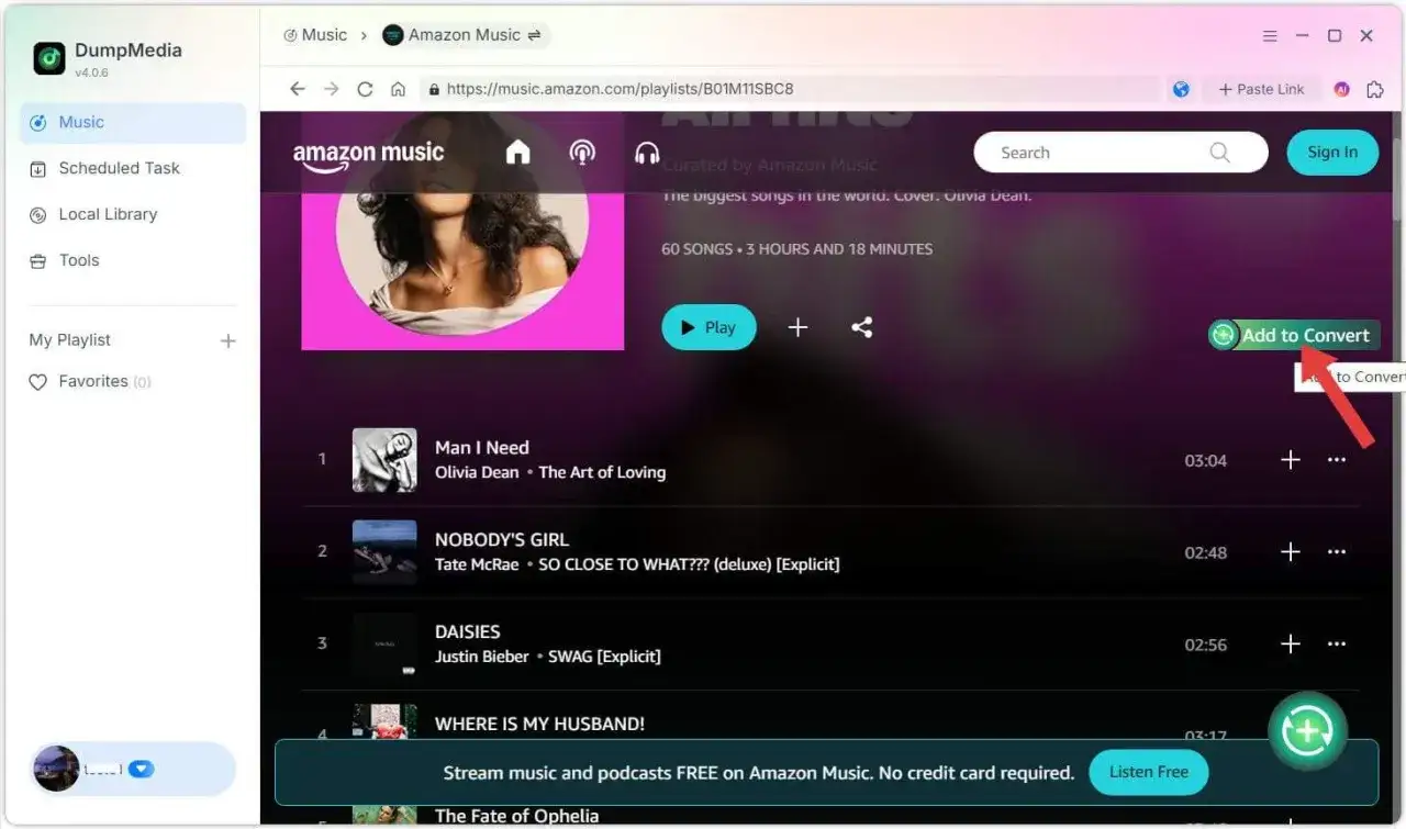 Odtwarzanie playlisty z Amazon Music Polska. Kliknięcie