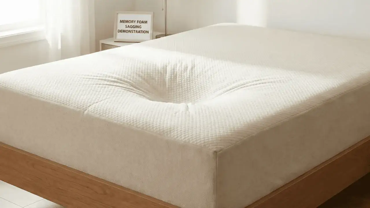 A memory foam mattress shows a deep indentation, illustrating a demonstration of its durability and potential for sagging over time.