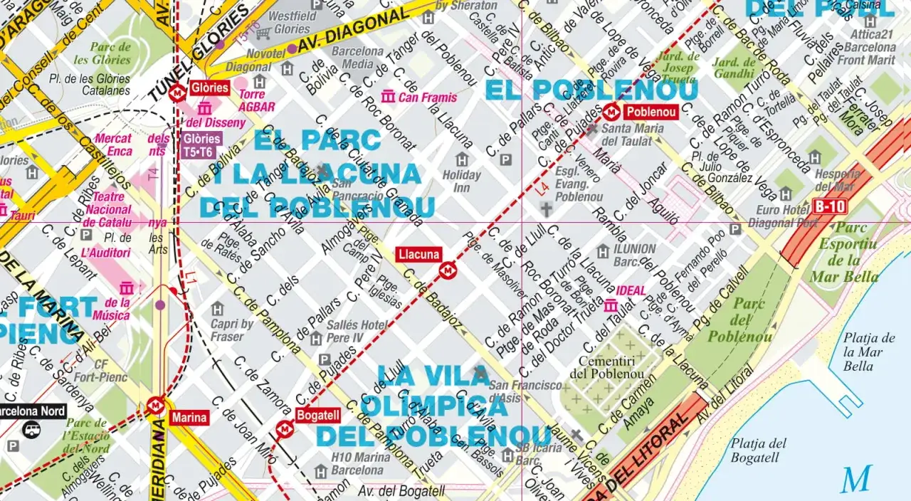 Gdzie najlepiej nocować w Barcelonie? Mapa pokazuje dzielnice Poblenou i Vila Olimpica, idealne na pobyt.