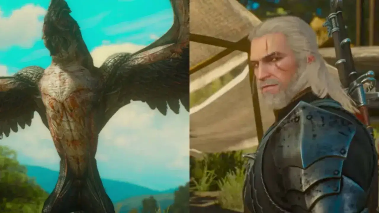 Geralt z Rivii walczy z potworem, by przywrócić równowagę w przyrodzie. Wiedźmin 3.