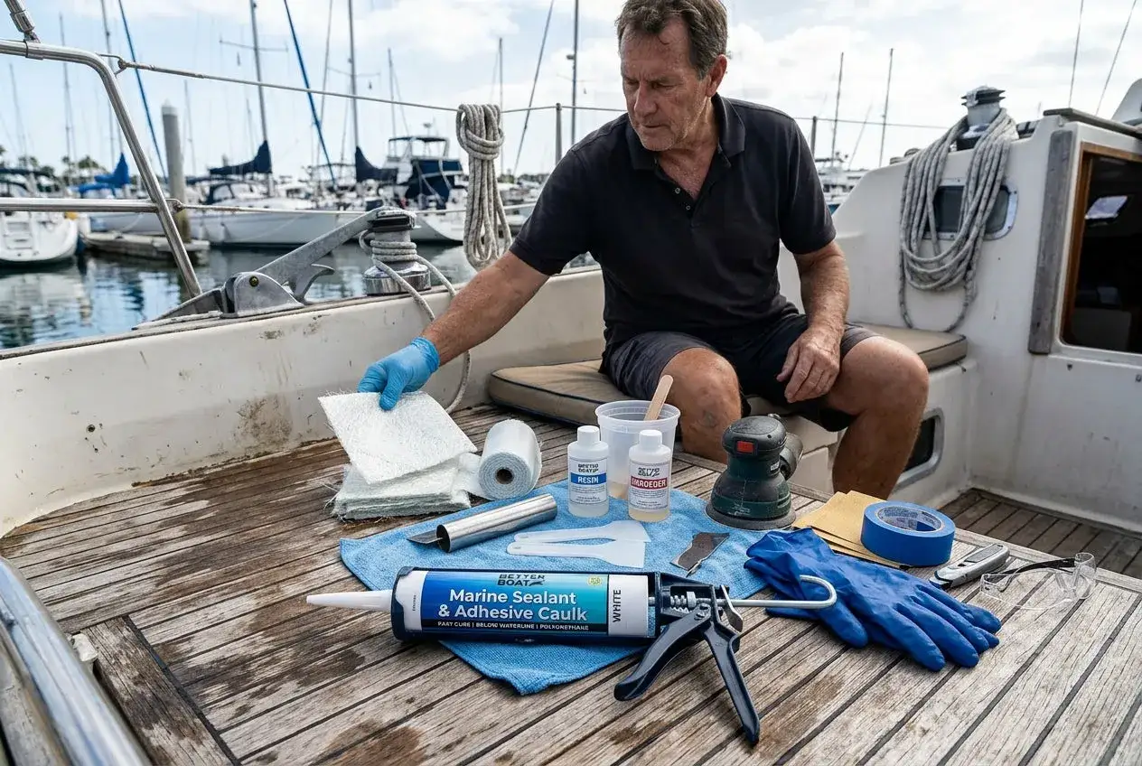 Un homme prépare des matériaux pour la **peinture époxy bateau polyester**. Fibre de verre, résine, durcisseur et mastic sont prêts sur le pont.