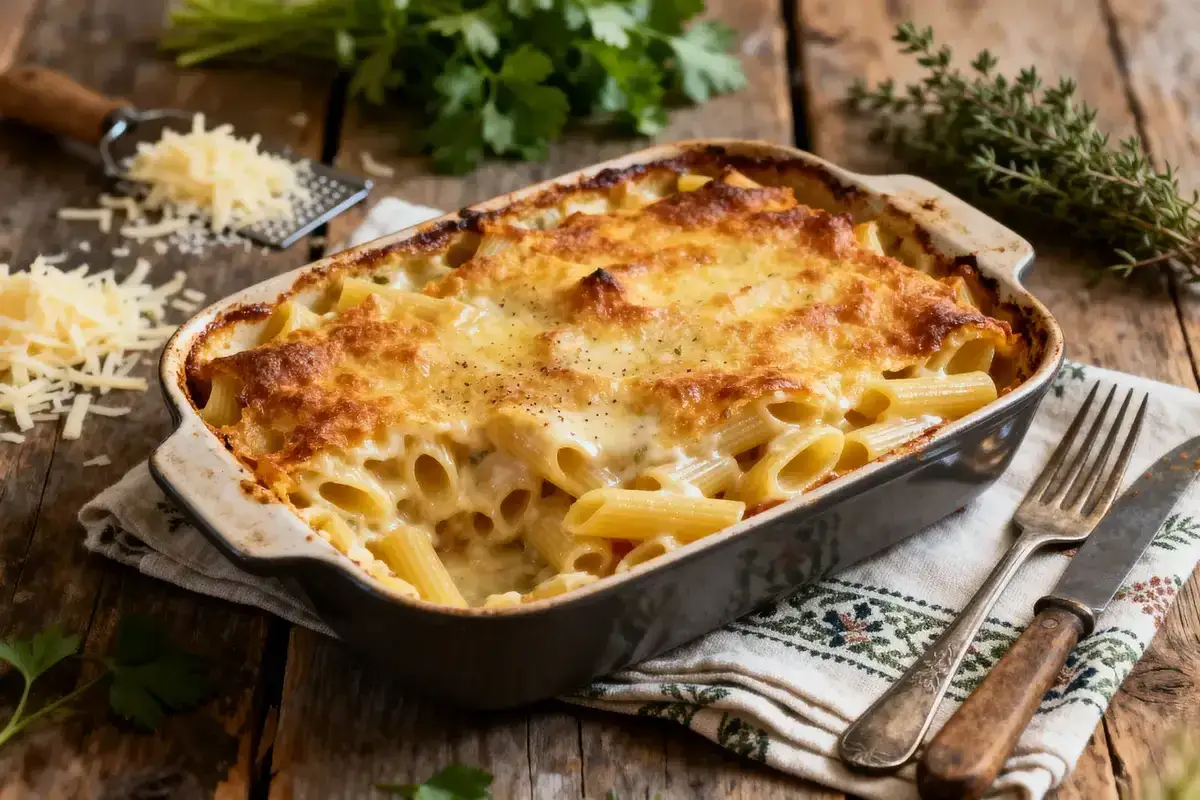 Un plat de cuisson gratin de p&acirc;tes tout juste sorti du four, avec une cro&ucirc;te dor&eacute;e et cr&eacute;meuse. Du fromage r&acirc;p&eacute; et du persil d&eacute;corent la sc&egrave;ne.