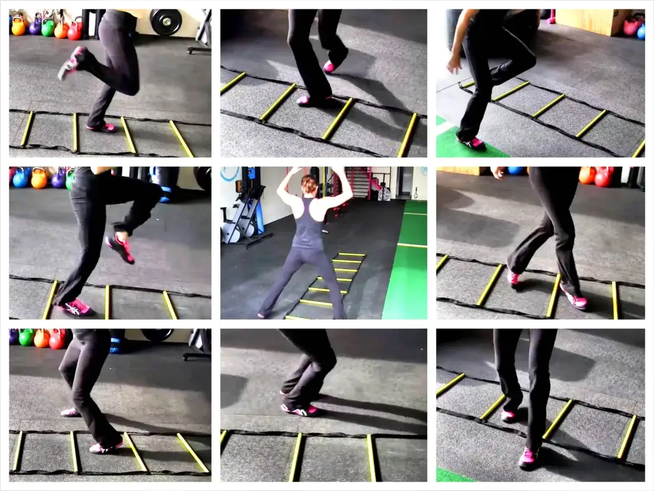 A person performs a speed ladder workout, showcasing agility and quick footwork.