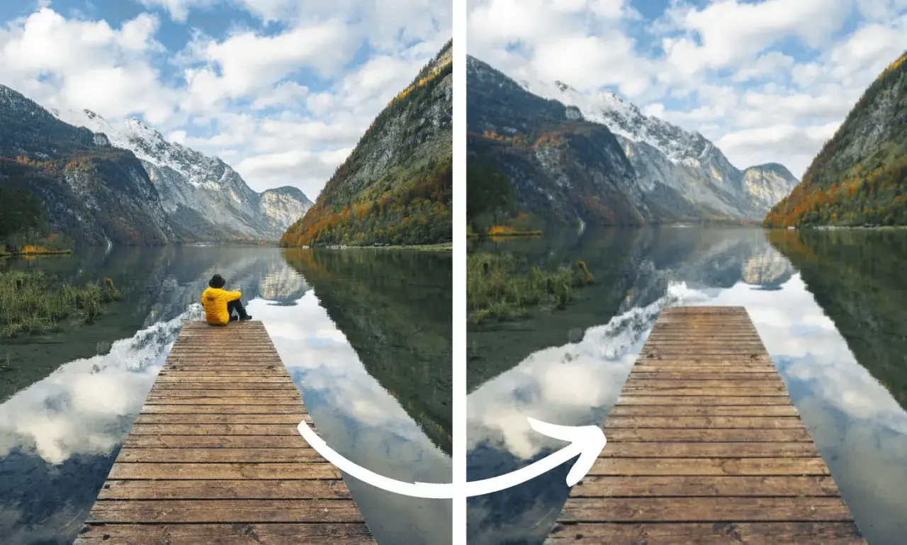 Tuto Photoshop : avant/après d'un paysage de montagne et lac, avec une personne assise sur un ponton.