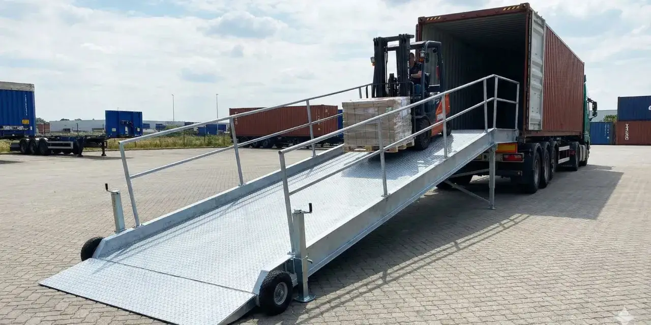 Gabelstapler l&auml;dt Waren auf einer Rampe in einen Container. Ein Mann im Stapler hilft, etwas avisieren.
