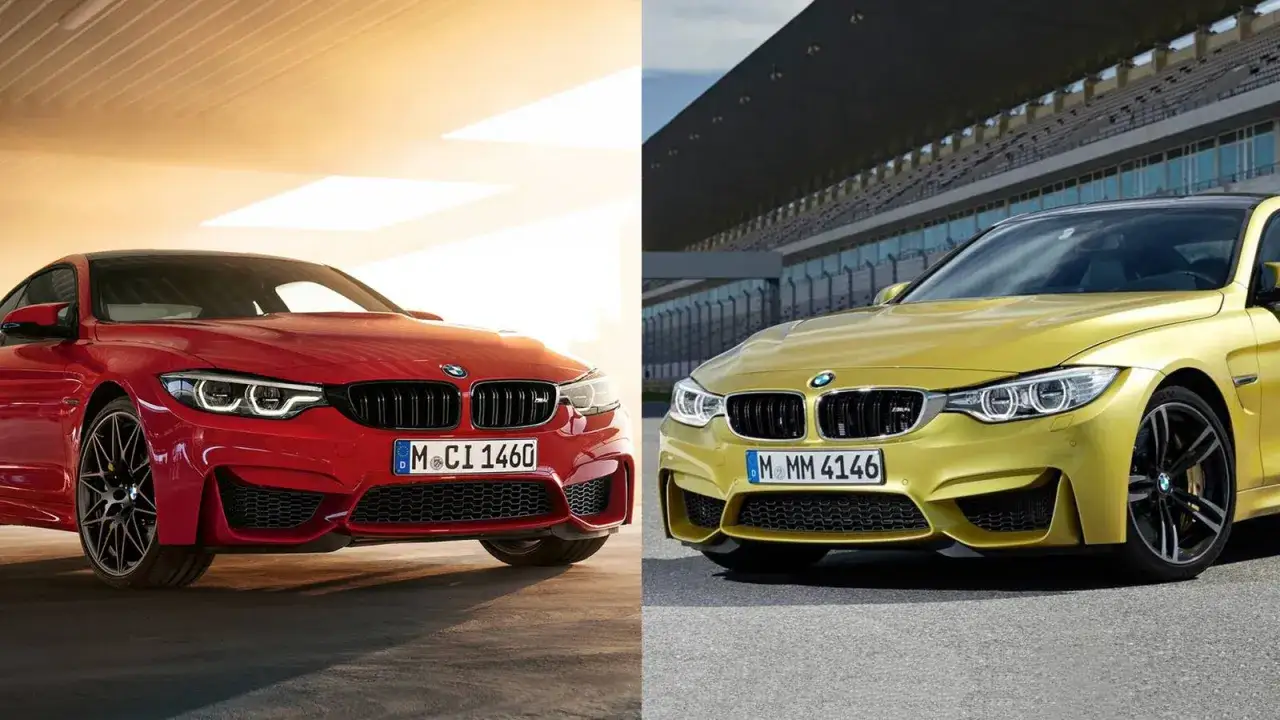 Dwa sportowe BMW F82, jeden czerwony w garażu, drugi żółty na torze wyścigowym.