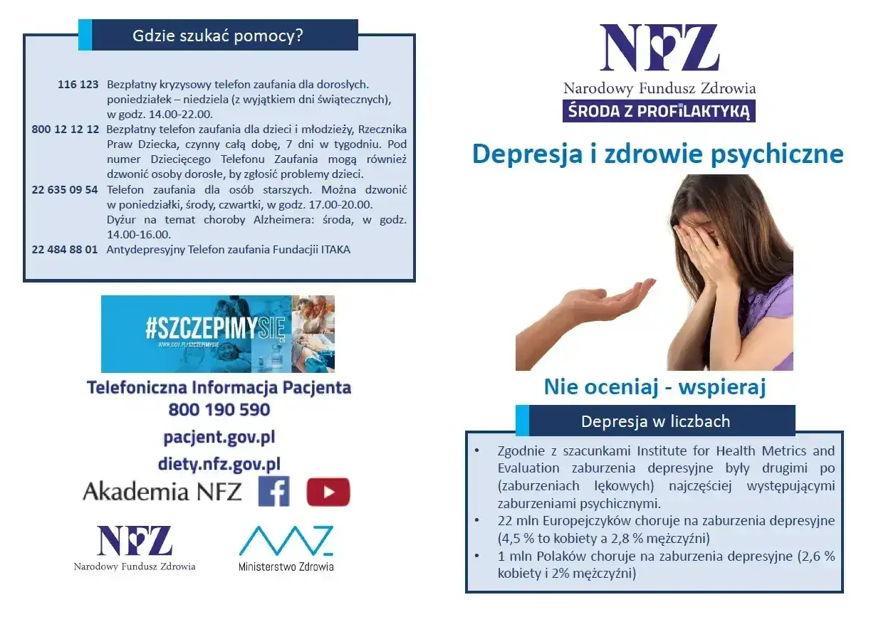 Kobieta ukrywa twarz w dłoniach, symbolizując utajoną psychozę i potrzebę wsparcia. Obok numer telefonu zaufania.