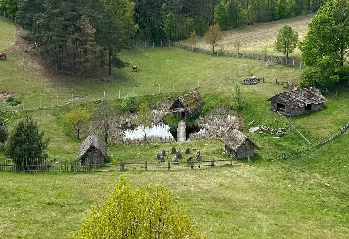 Kamienne kręgi i stare chaty nad stawem tworzą tajemnicze miejsca na Kaszubach. Dwie krowy pasą się na zielonym wzgórzu.