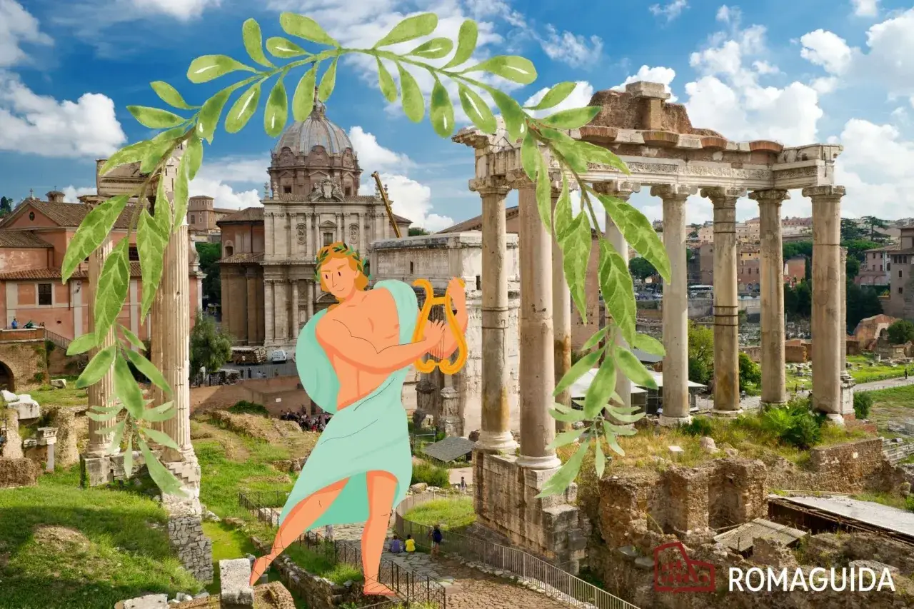 Un Apollo stilizzato suona la lira tra le rovine del Foro Romano, con il Monte Palatino sullo sfondo.