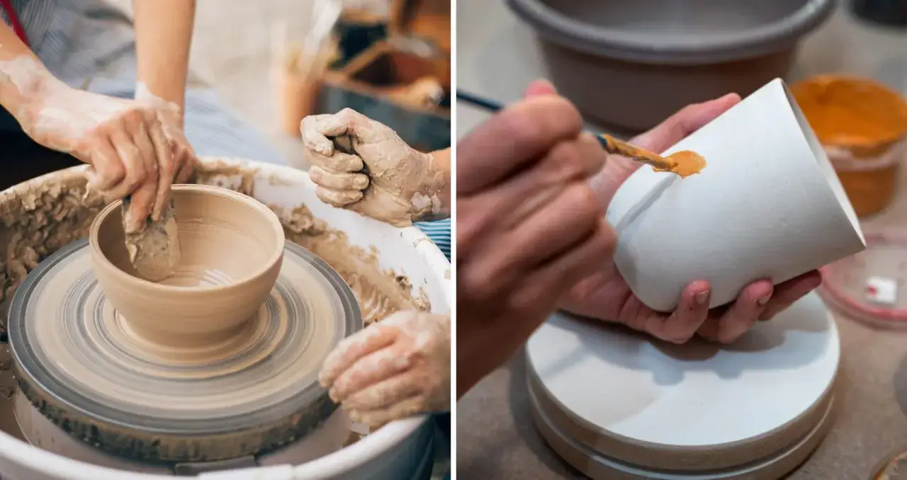 Händer formar lera på en drejskiva och målar en vit mugg. En kreativ upplevelse på en creative house stockholm.