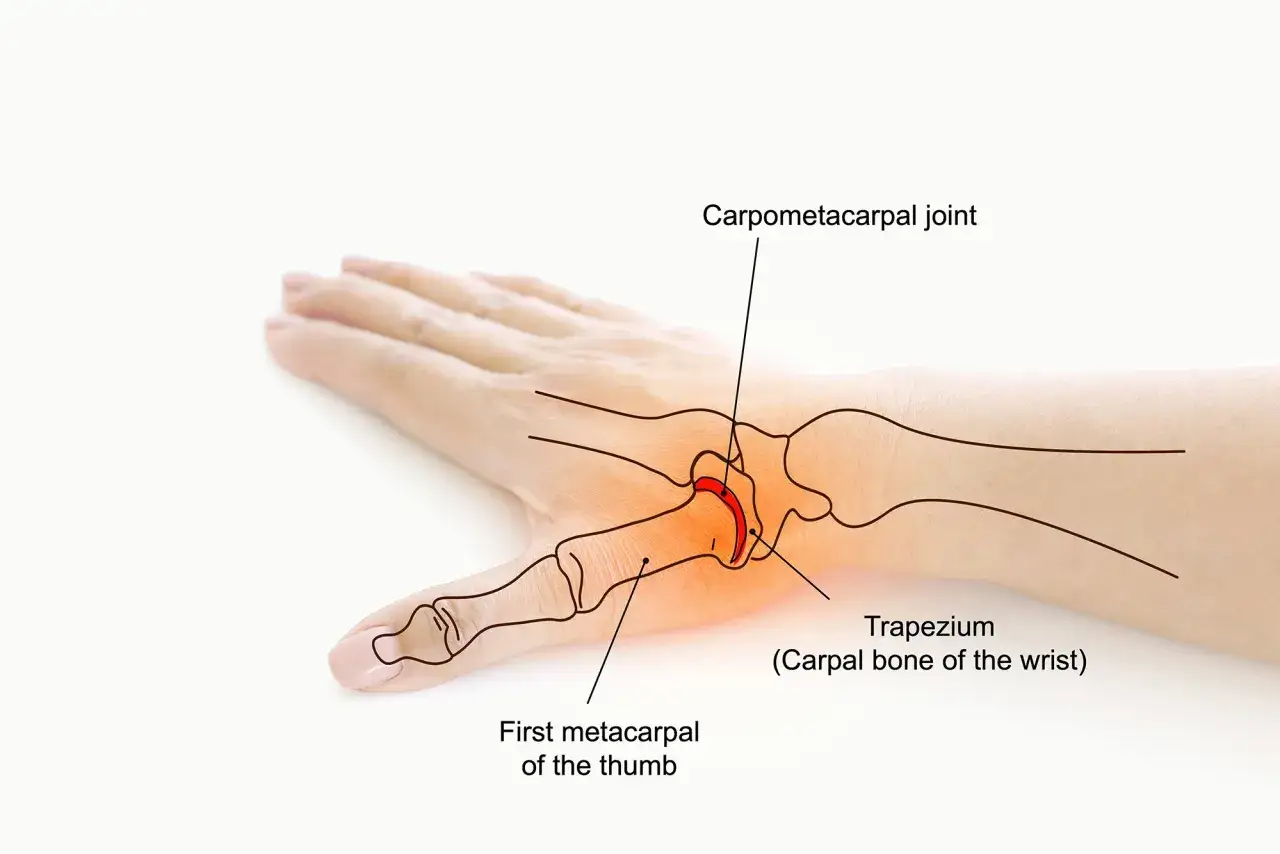 Anatomische Darstellung des Daumensattelgelenks, das bei Rhizarthrose betroffen ist. Der erste Mittelhandknochen und das Trapezium sind markiert.
