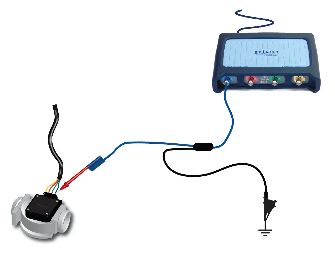 Diagnostic d'un d&eacute;bitm&egrave;tre d'air d&eacute;fectueux : un oscilloscope PicoScope est connect&eacute; pour tester le composant.