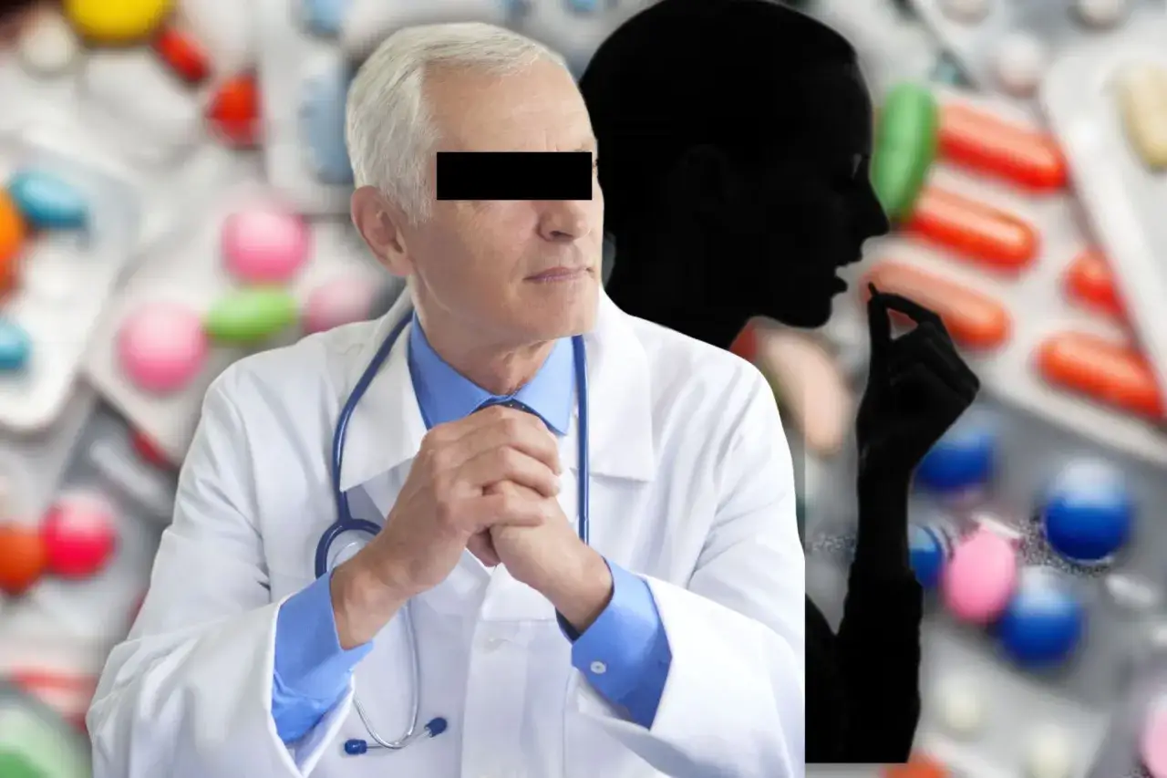 Lekarz w białym kitlu z zasłoniętymi oczami, obok sylwetka kobiety przyjmującej leki przeciwbólowe na receptę.