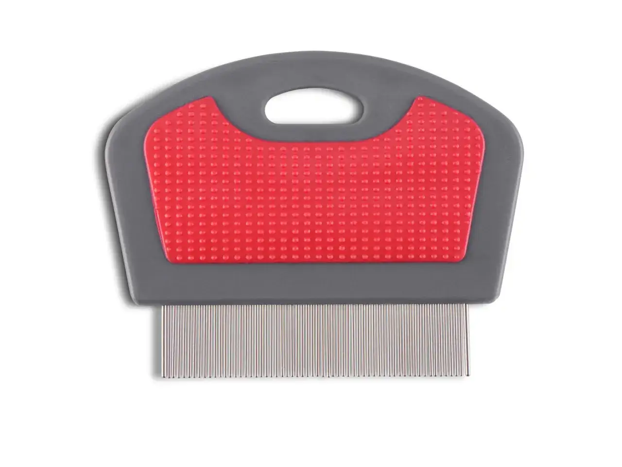 Peigne fin, un remède de grand-mère anti puce pour chien, avec manche ergonomique gris et rouge.