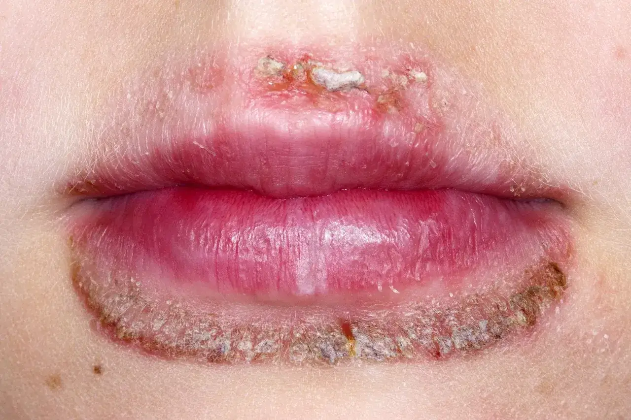 L&egrave;vres rouges et enflamm&eacute;es, recouvertes de cro&ucirc;tes et de squames, sympt&ocirc;mes de dermatite p&eacute;ribuccale.