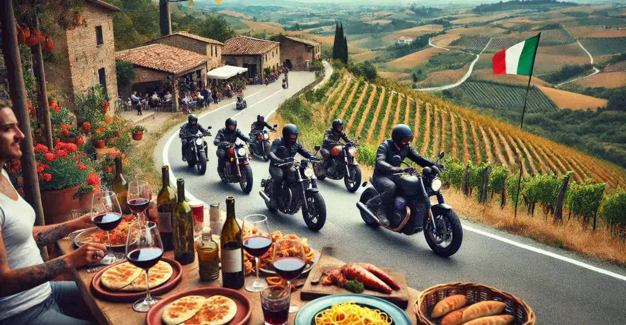 Un gruppo di motociclisti attraversa le colline toscane, con una bandiera italiana che sventola. Un banchetto di cibo e vino attende. Nomi gruppi motociclisti in viaggio.