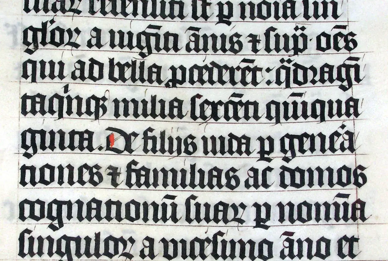 Fragment rękopisu z tekstem pisanym ozdobną, średniowieczną czcionką. Widać wyraźne litery i linie pomocnicze.