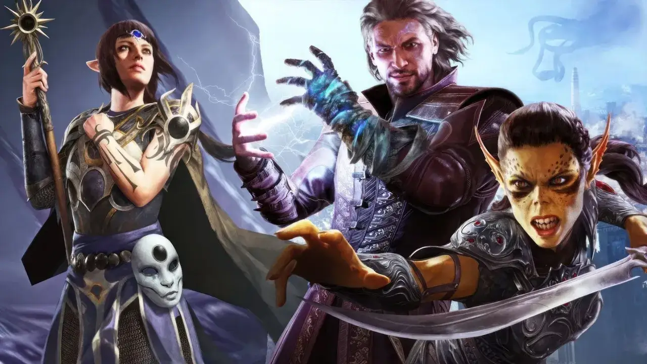 Trzej bohaterowie z Baldur's Gate na Xbox: elfka z laską, czarodziej z błyskawicami i wojowniczka z mieczem.