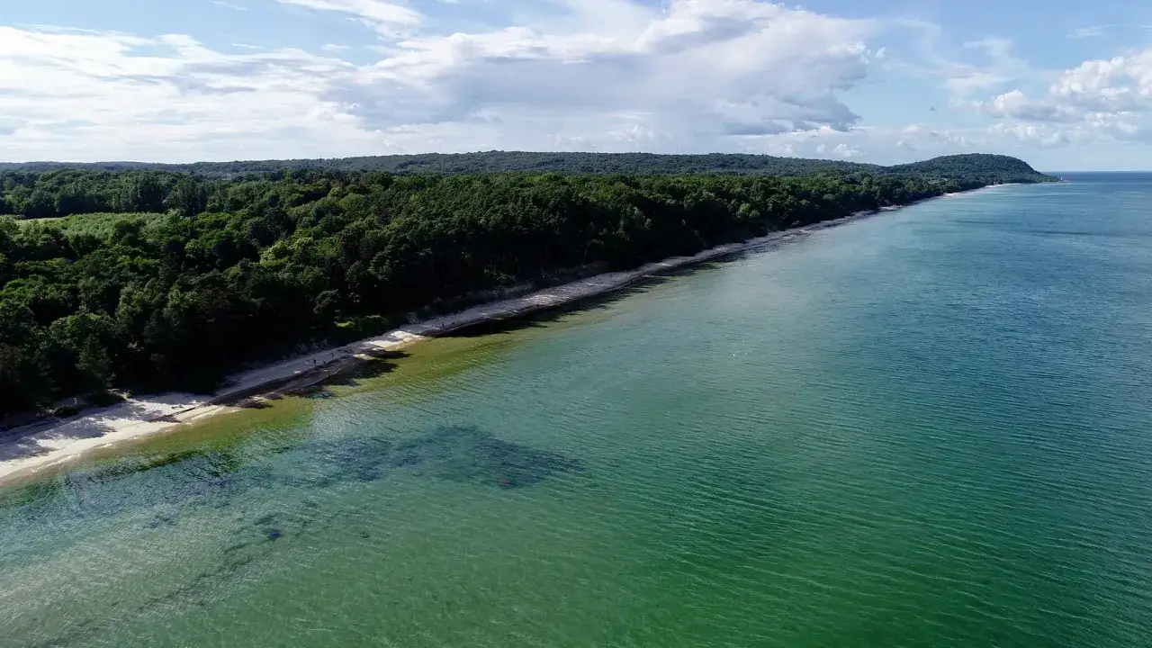 En vidsträckt vy över Stenshuvud strand med grönskande skog som möter det turkosa havet under en molnig himmel.