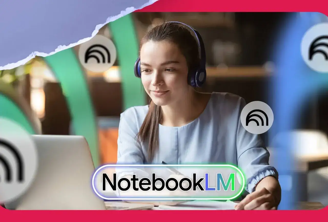 Ragazza con cuffie ascolta un podcast per imparare inglese. NotebookLM, il tuo compagno di studio.