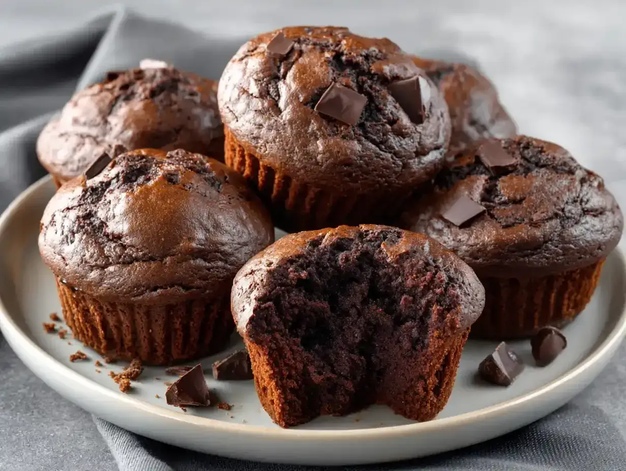 Mörka, saftiga chokladmuffins med chokladbitar på toppen. Ett perfekt chokladmuffins recept för fikat.