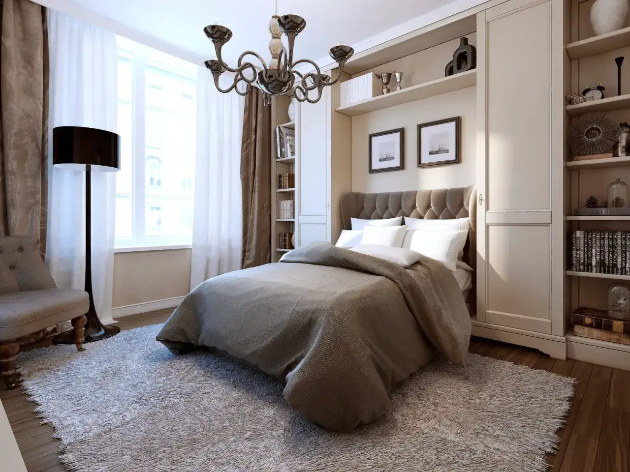 Elegancka sypialnia w stylu art deco z dużym łóżkiem, puszystym dywanem i stylowym żyrandolem.